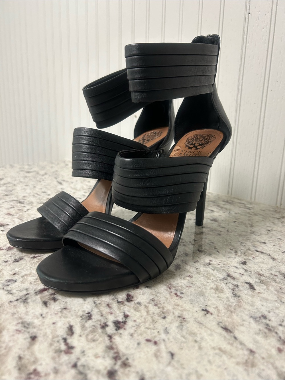 Vince Camuto Black Multi-Band Stacked Strap Heels